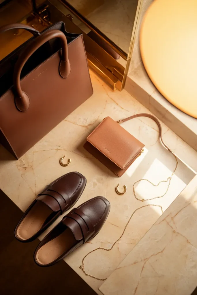 Espresso loafers camel tote and gold hoops arranged on marble as clean girl capsule accessories.