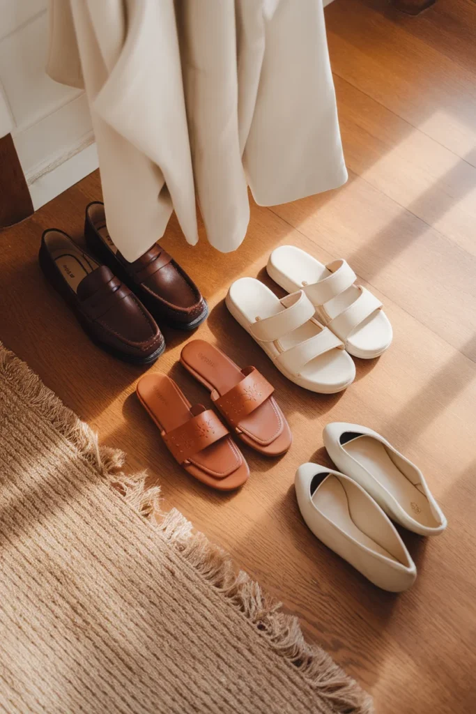 Espresso loafers, tan sandals, cream sneakers, and black ballet flats styled with white pants
