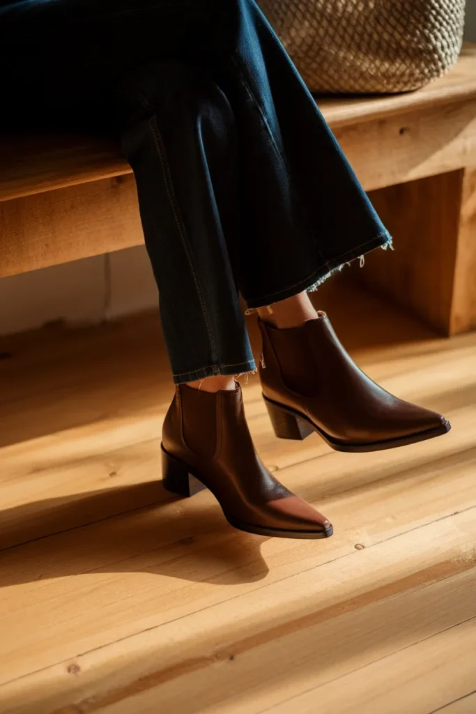 Espresso pointed-toe ankle boots with straight jeans, slim boot silhouette winter 2026
