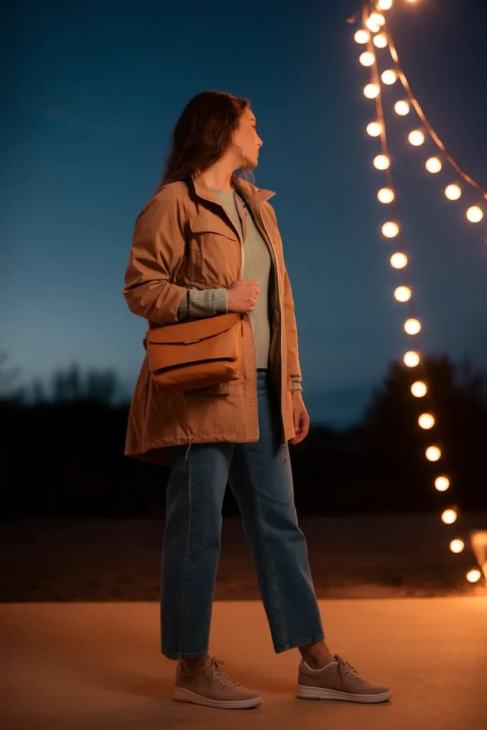 Evening Disneyland outfit camel packable jacket, sage knit, jeans, and sneakers under string lights