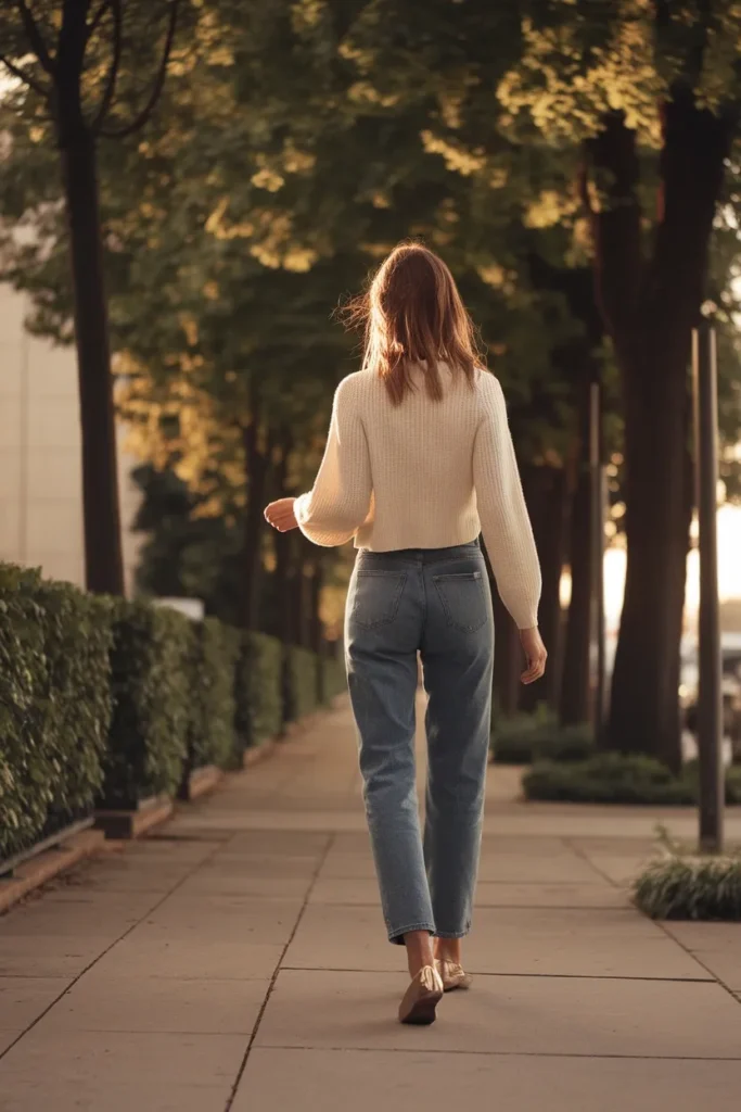 Everyday balletcore outfit with straight jeans, ivory sweater and metallic ballet flats