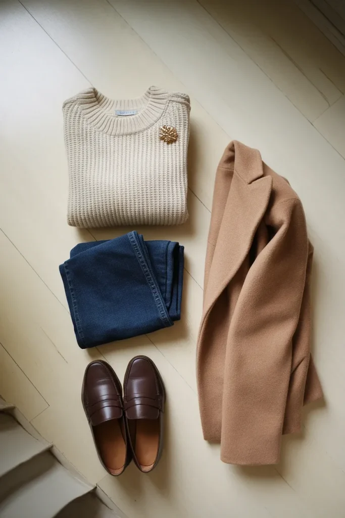 Fall 2026 capsule outfit flat lay with knit, jeans, camel coat, loafers and a gold brooch