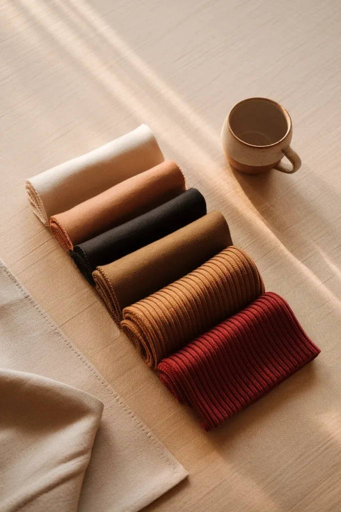 Fall 2026 color trends flat lay with red mahogany and burnt olive against neutral capsule colors