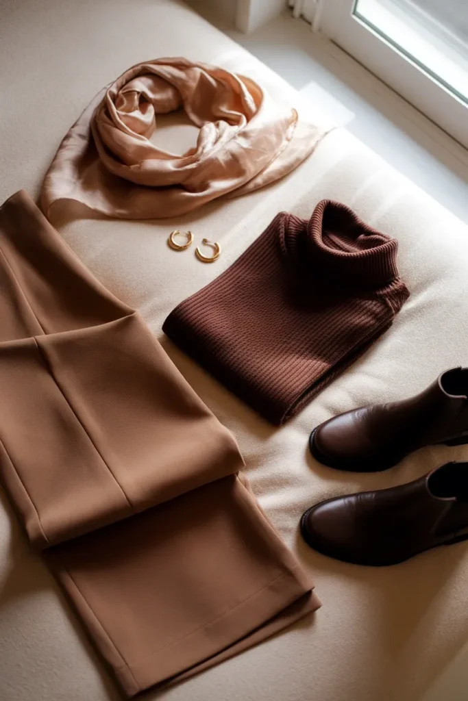 Fall baby shower outfit flat lay with brown turtleneck, camel trousers and leather ankle boots