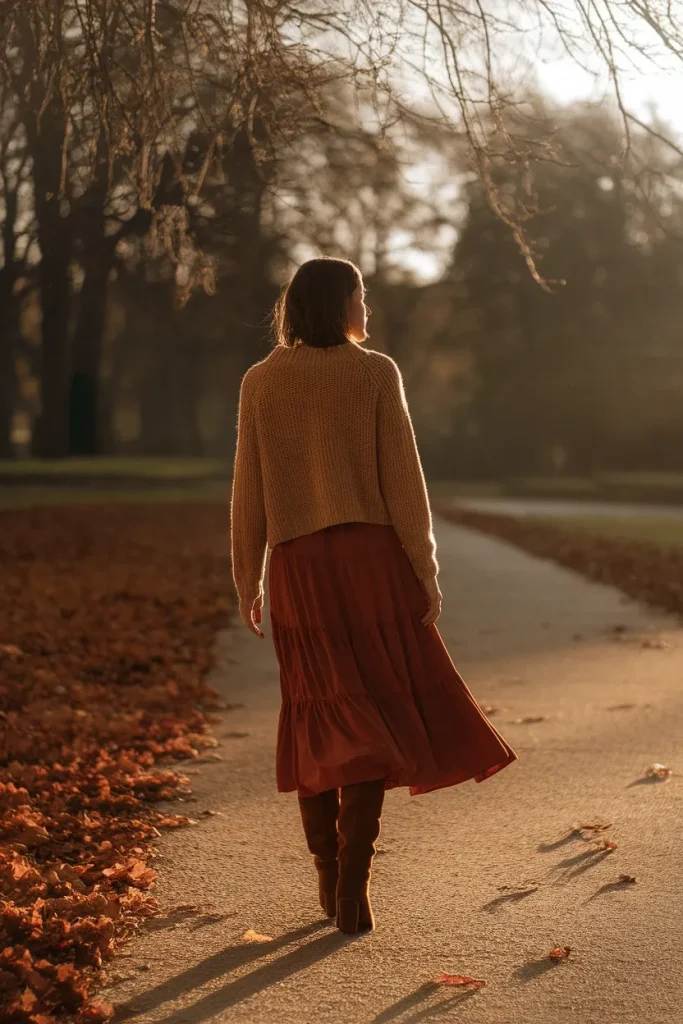 Fall boho outfit with chunky oat knit sweater, rust tiered midi skirt, and brown suede boots