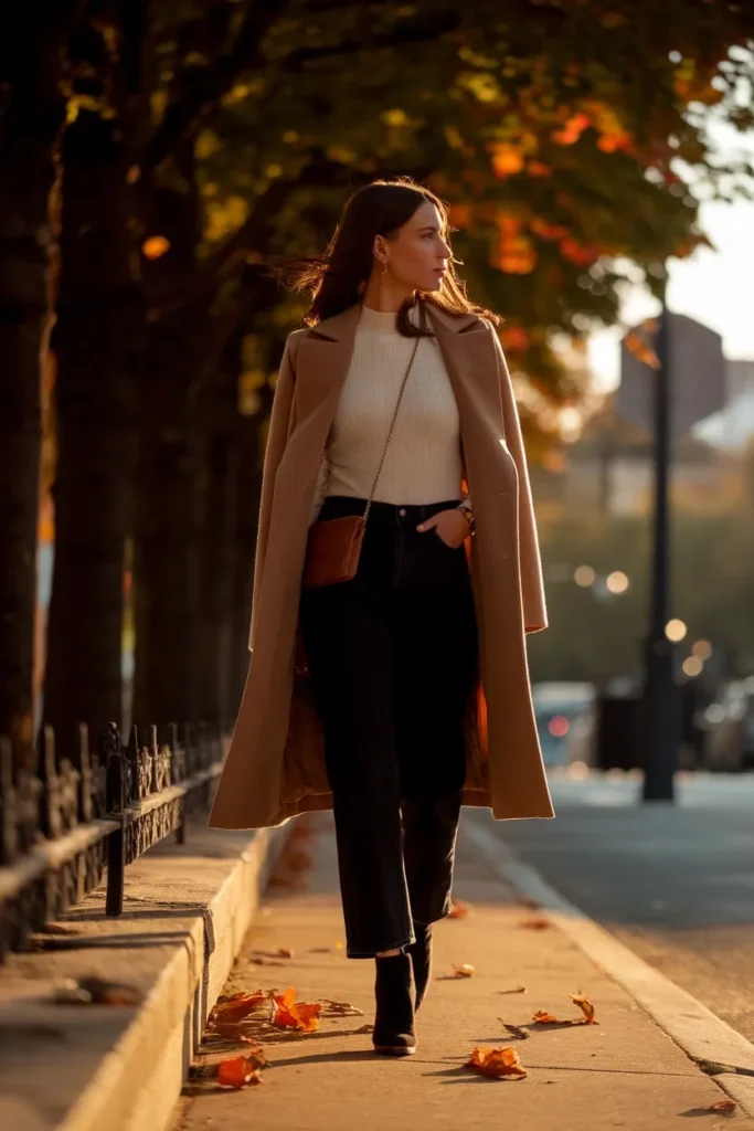 Fall first date outfit with dark jeans, cream knit, camel trench coat and ankle boots