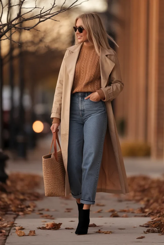 Fall mom jeans outfit with a cropped camel knit, open trench coat, and ankle boots