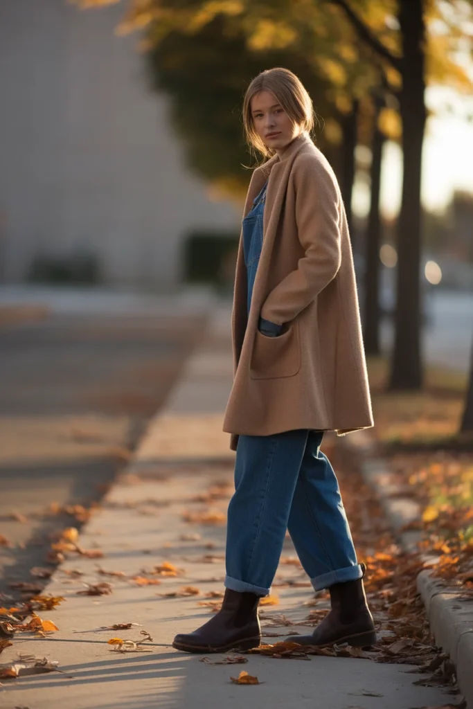 Fall overalls outfit layered with an oat knit and camel chore coat with brown boots