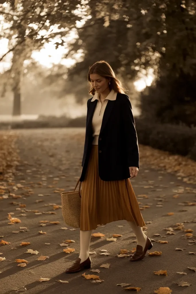 Fall tenniscore outfit with navy blazer, pleated midi skirt, cream tights, and espresso loafers. Tenniscore Outfits