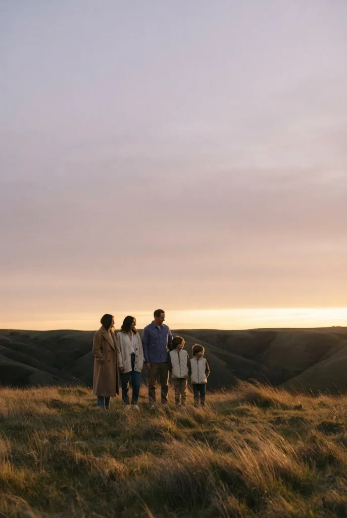 Family of five in coordinated camel, cream, and indigo outer layers on a grassy rise at dusk