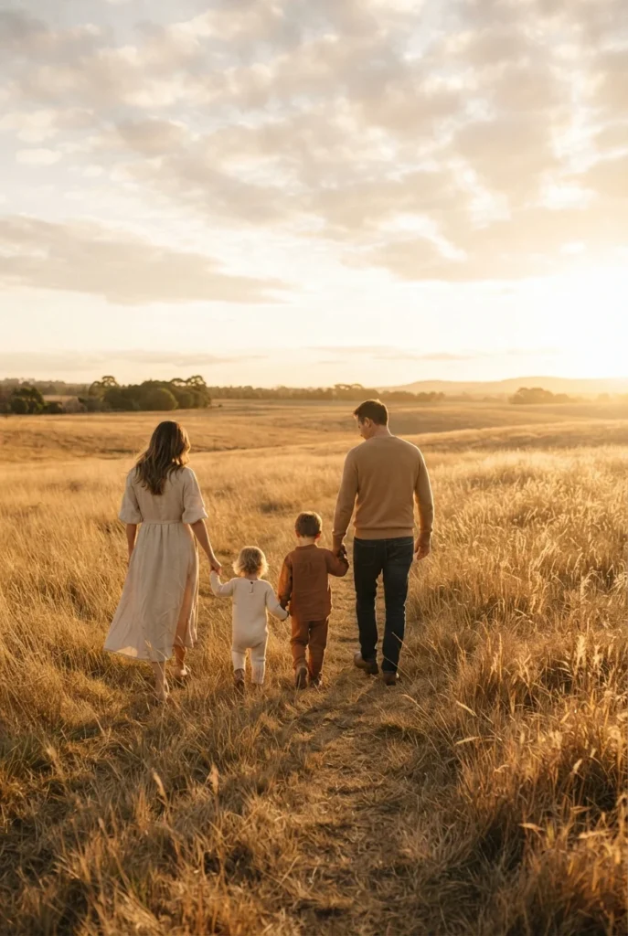 Family of four in neutral oat, camel, and rust outfits walking through a golden field at sunset