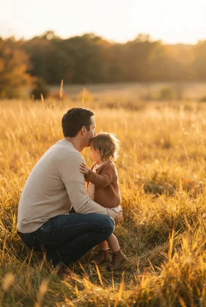 Father in an oat sweater crouching in tall grass beside a small child in a rust cardigan at golden hour