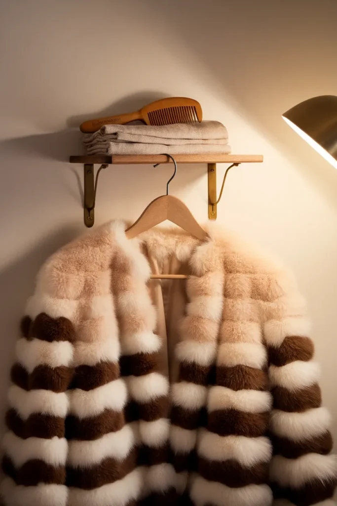 Faux fur coat on a wooden hanger with a wide-tooth comb, faux fur care routine