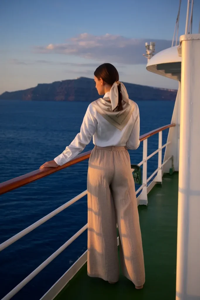 Ferry day outfit in Greece with linen pants, buttoned shirt, and silk head scarf