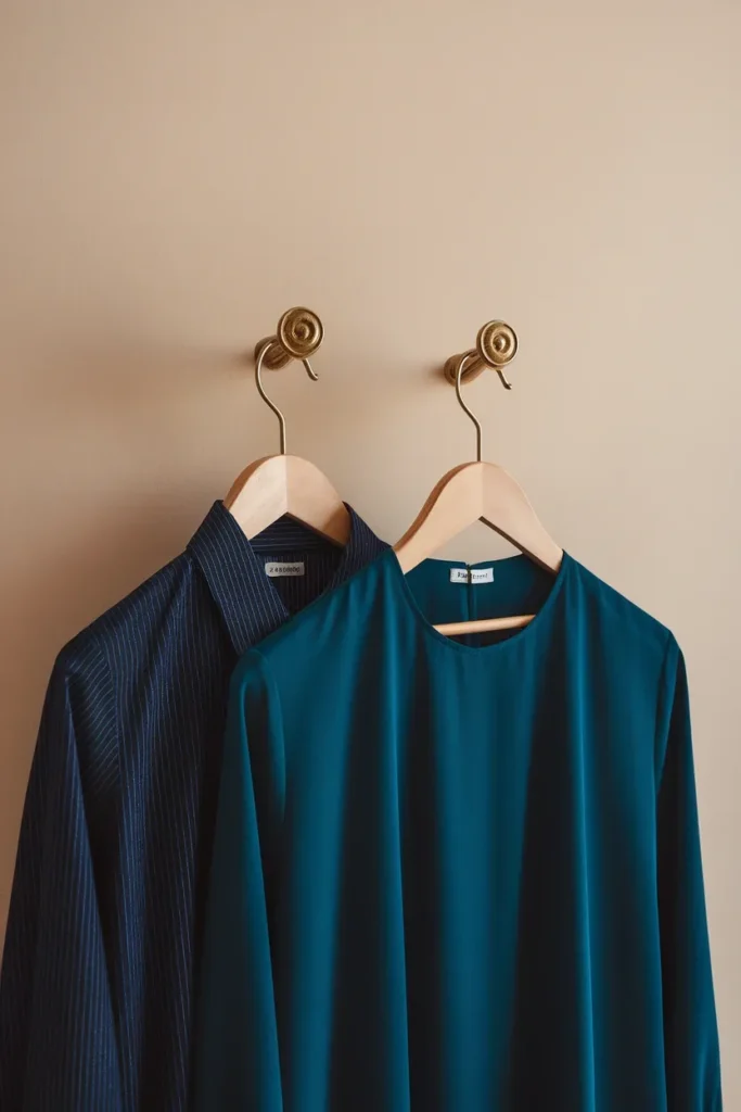 Fine pinstripe shirt beside a solid teal blouse showing why patterns cause problems in headshots.