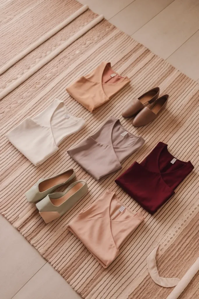 Five Easter outfit formulas laid out as flat lay groupings from one neutral capsule wardrobe