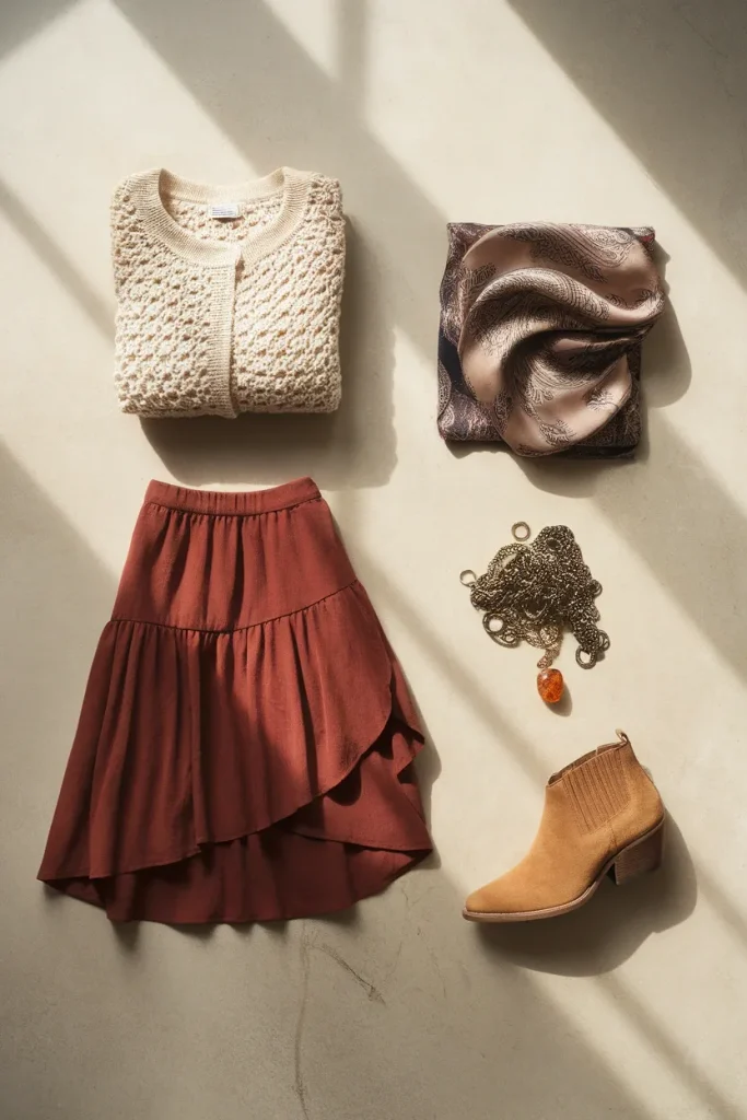 Five boho style signals including crochet texture, paisley print, tiered silhouette, brass jewelry, and suede boots