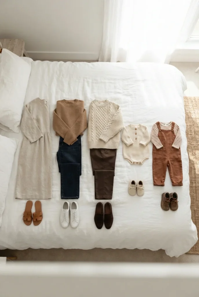 Five coordinated family photo outfits in cream, camel, and rust laid out across a white linen bed, What to Wear for Family Pictures
