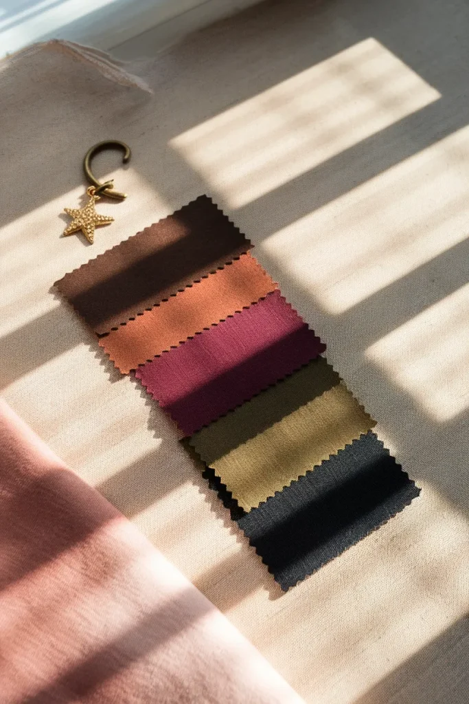 Five fabric swatches in espresso, oxblood, plum, olive and black showing the whimsigoth fall color palette