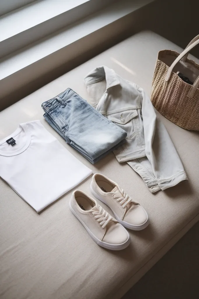 Five-piece baseball game outfit formula tee, jeans, denim jacket, sneakers, tote