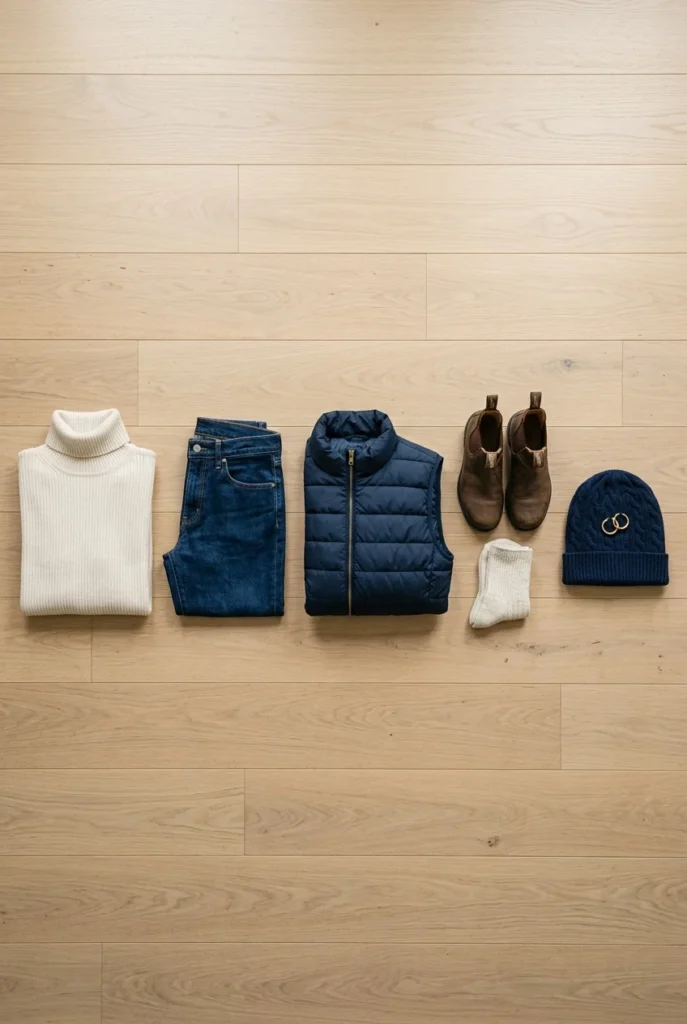 Five slot hockey game outfit formula flat lay base, bottom, mid layer, boots, beanie.