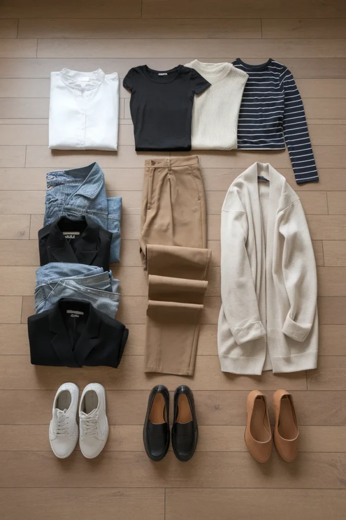 Flat-lay capsule grid of khaki pants with four tops, three layers, and three shoe options
