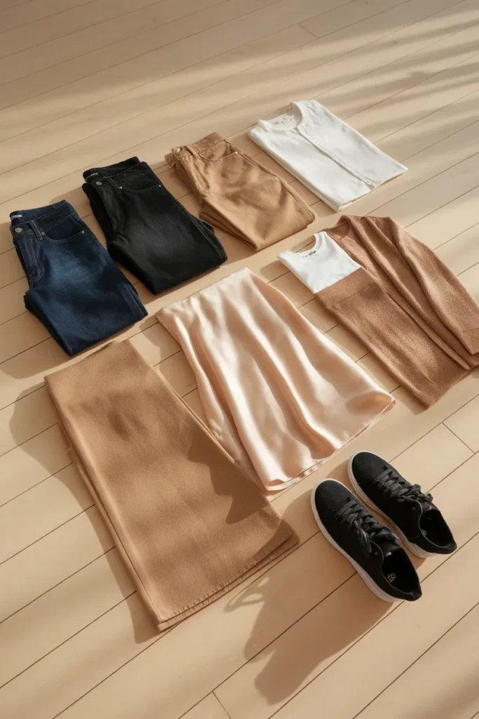 Flat-lay capsule of four bottoms, four tops and black Converse for 24 outfits