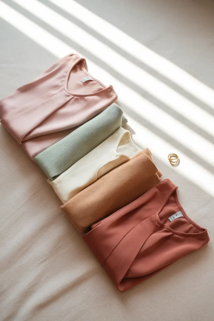 Flat lay color palette of blush, sage, cream, camel and terracotta baby shower outfit pieces