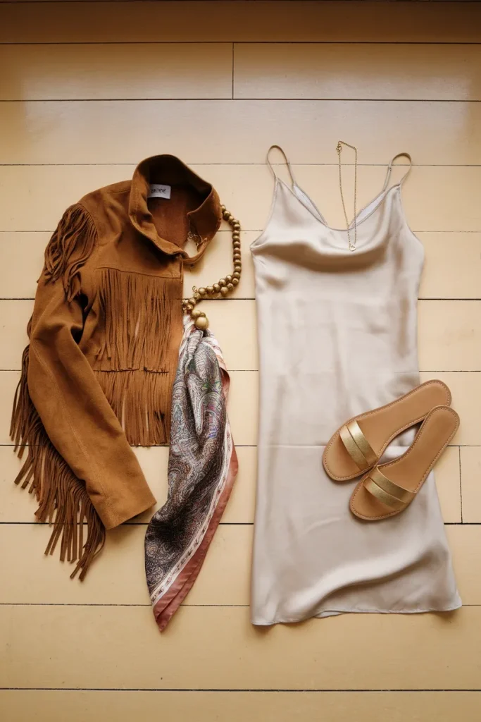 Flat lay comparing 1970s boho pieces with modern boho chic style essentials