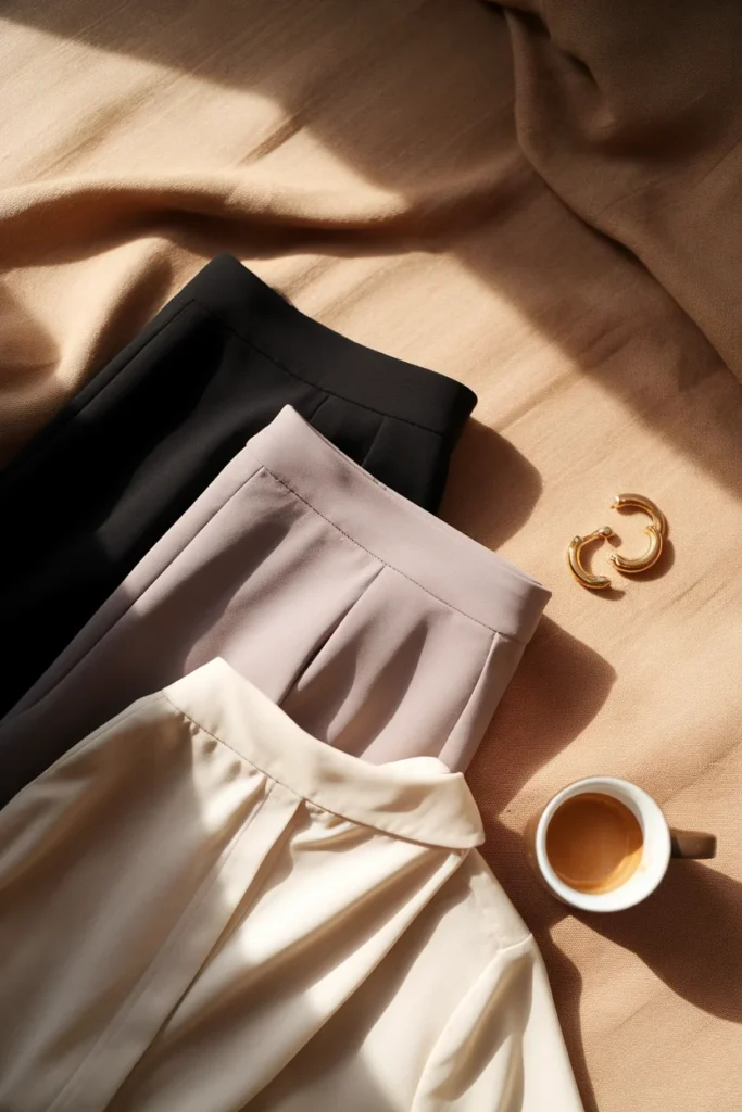 Flat lay comparing black and grey trousers with ivory shirts to show outfit contrast. How to Style Grey Pants
