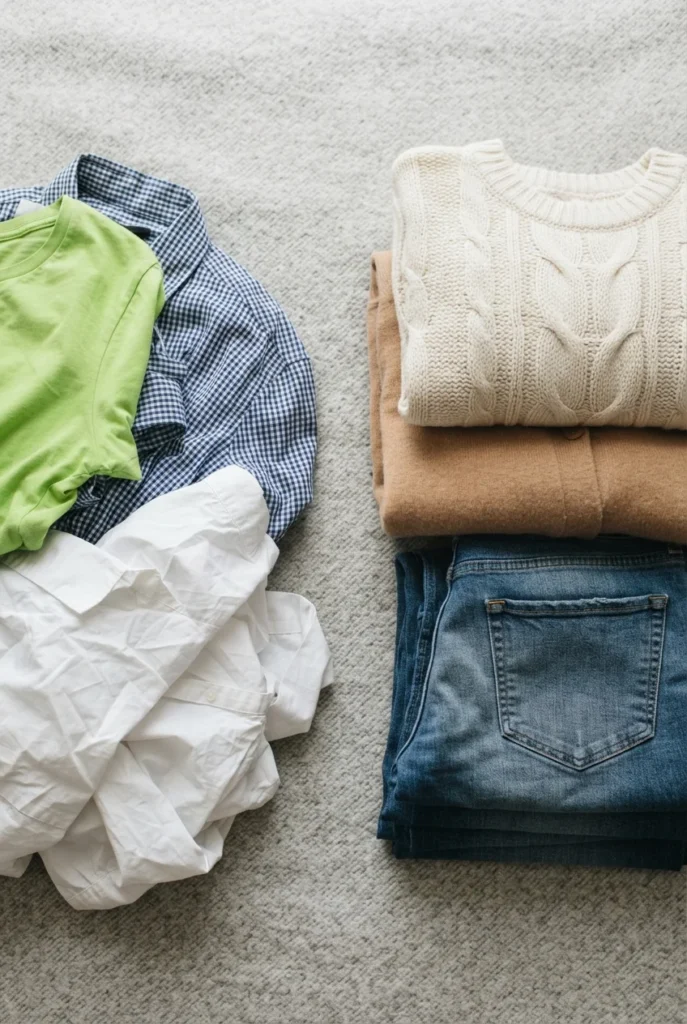Flat lay contrasting rumpled bright and busy clothes with neatly folded cream, camel, and denim pieces