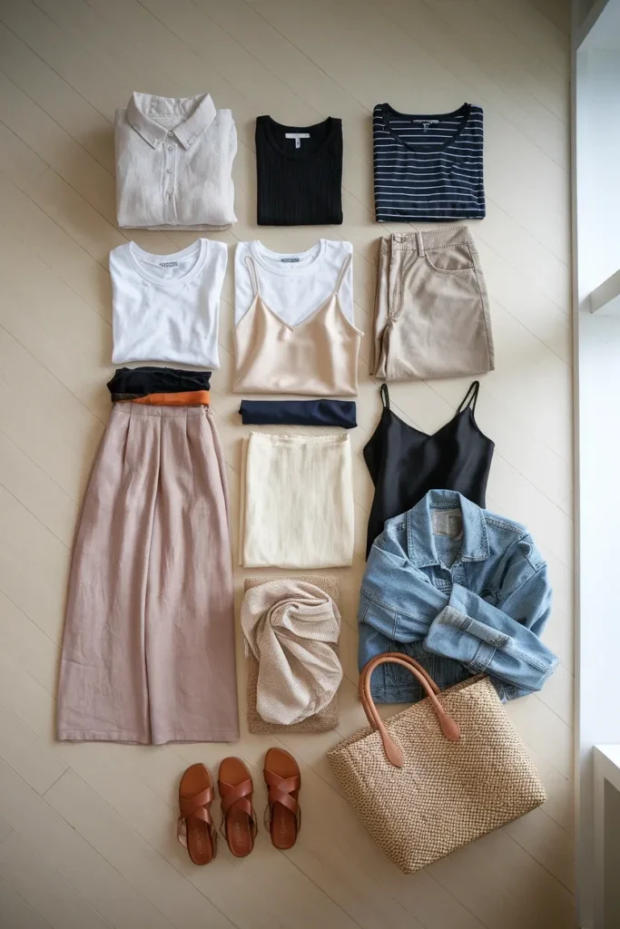 Flat lay of a 14-piece Greece capsule wardrobe in cream, oat, and soft black