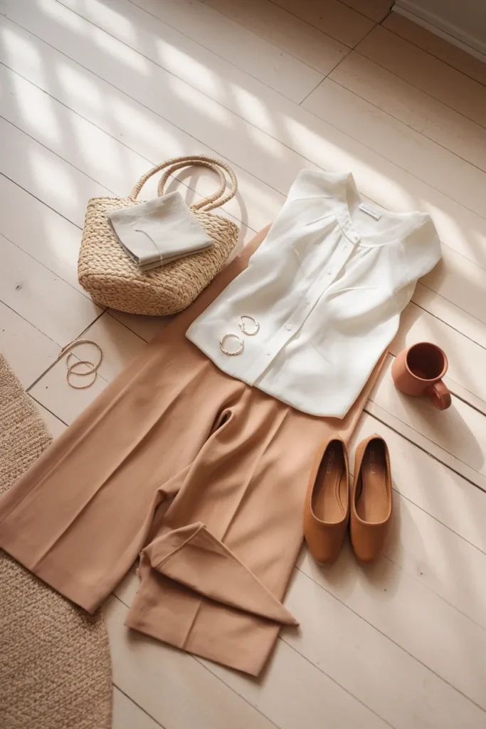 Flat lay of a baby shower guest outfit with ivory button-down, camel trousers and tan flats