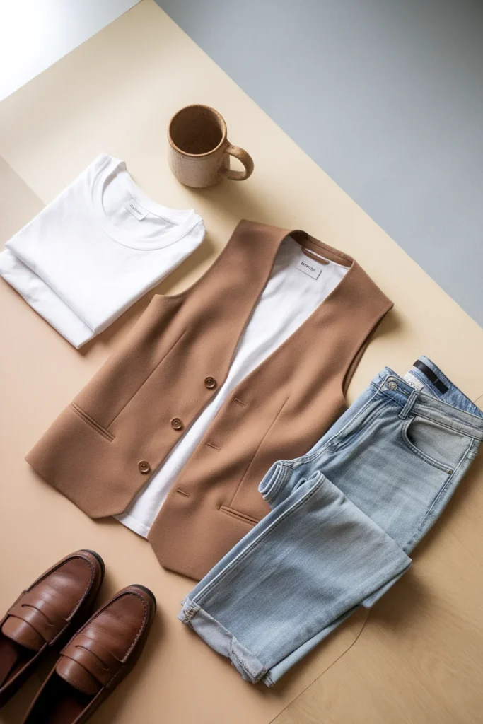 Flat lay of a camel vest with a white tee and jeans showing three outfit combinations