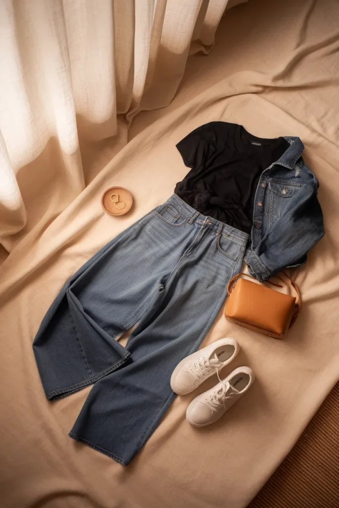 Flat lay of a concert outfit with black tee, wide-leg jeans, denim jacket, white sneakers and crossbody bag