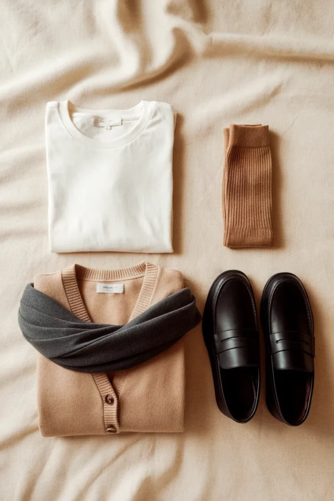 Flat lay of a plane outfit separated into three layering stacks on linen