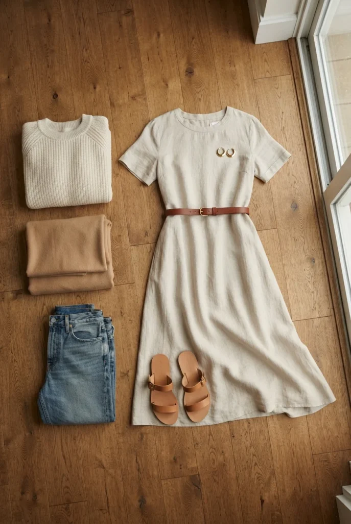 Flat lay of an oat linen dress anchor outfit with three coordinating family pieces folded beside it