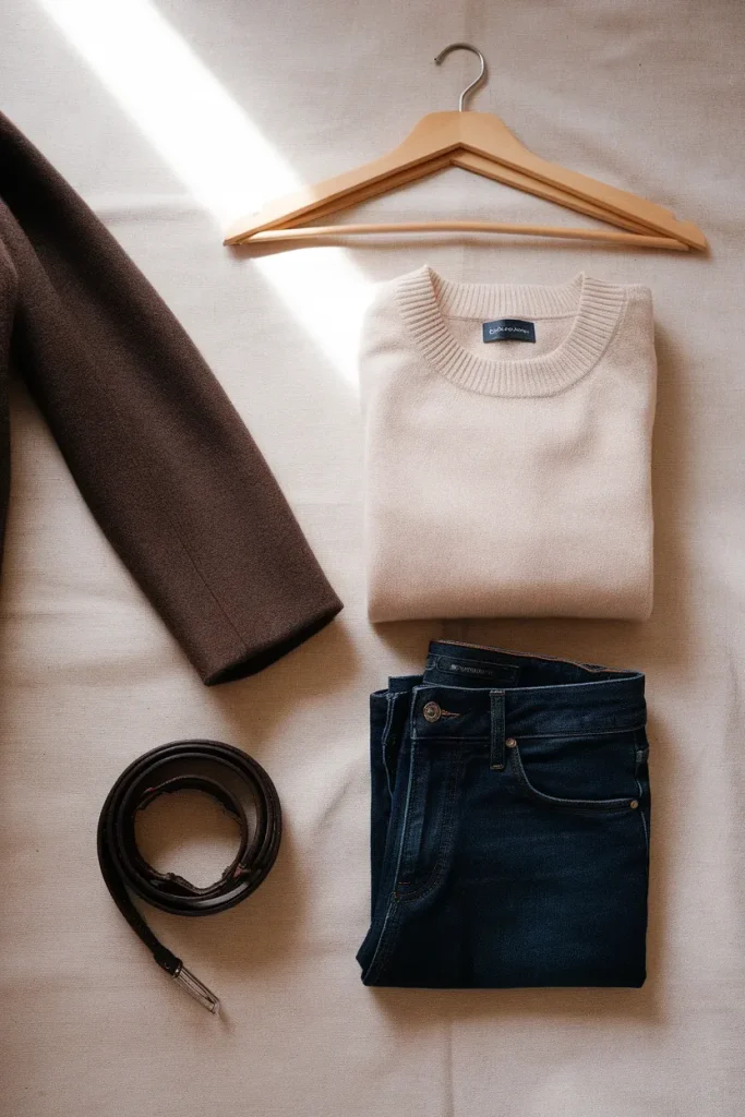 Flat lay of brown coat, cream sweater, jeans and belt for a 2026 winter capsule wardrobe