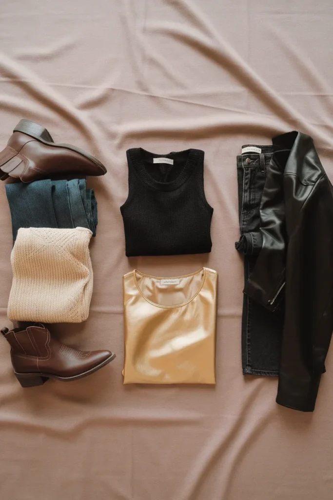 Flat lay of country, rock and pop concert outfit groupings in neutral tones with one metallic accent