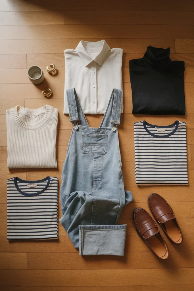 Flat lay of denim overalls with four capsule wardrobe tops and brown loafers