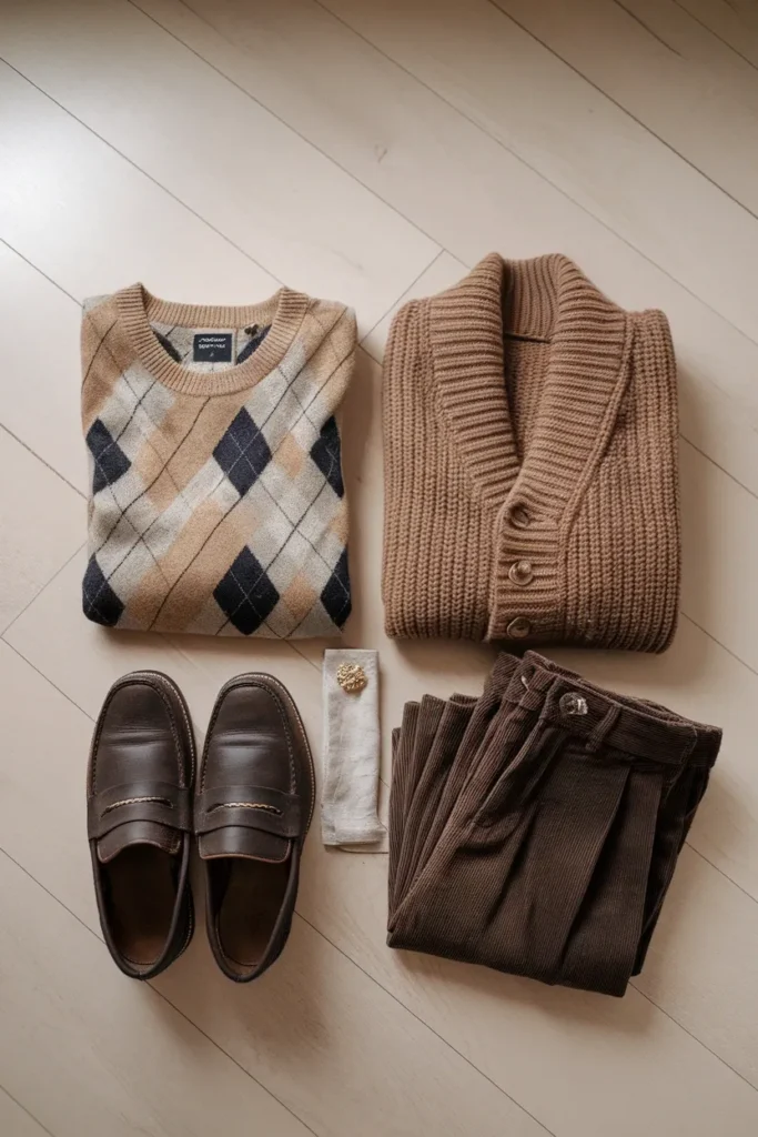 Flat lay of eclectic grandpa capsule pieces argyle vest, camel cardigan, corduroy trousers and loafers