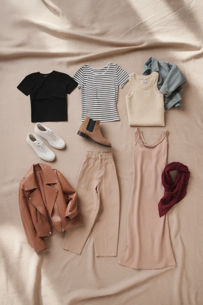 Flat lay of four concert outfit groupings for arena, amphitheater, club and theater venues