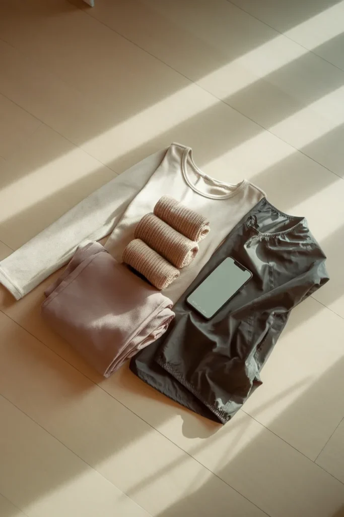 Flat lay of hiking clothes laid out the night before on oak floors in a neutral palette.
