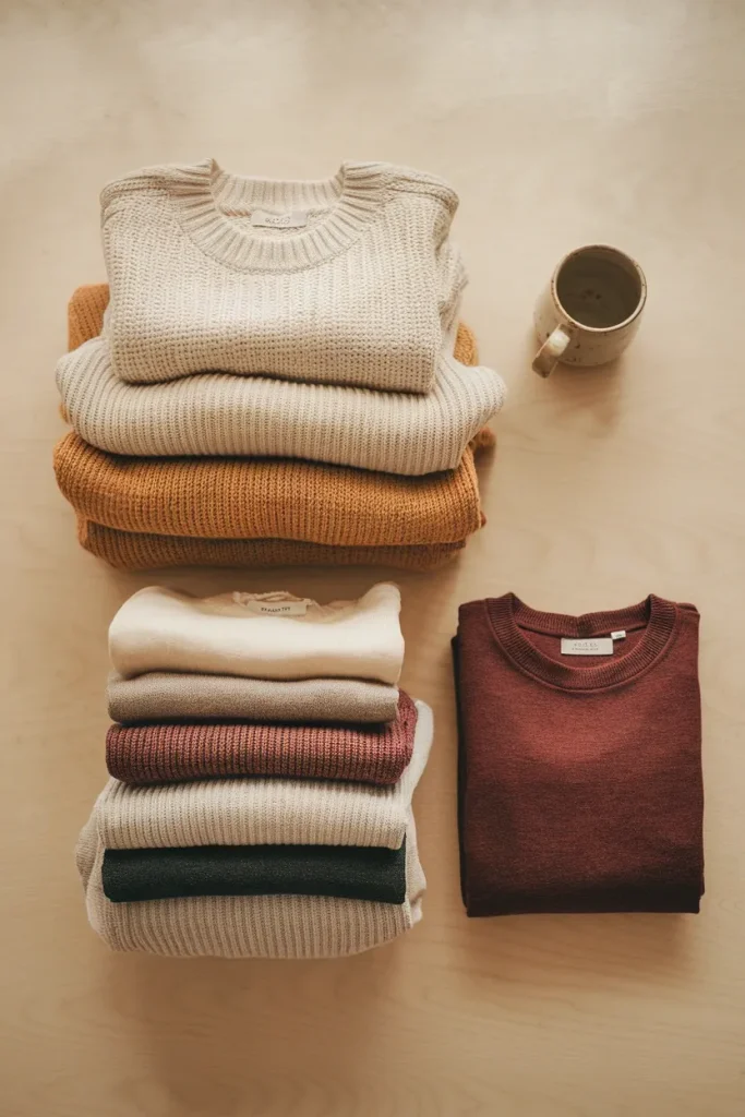 Flat lay of ivory oat and espresso clothing stacks showing the clean girl color palette split.
