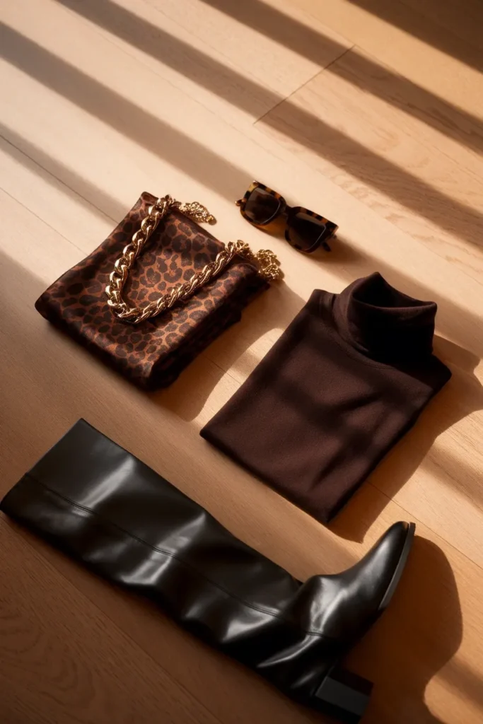 Flat lay of mob wife aesthetic essentials leopard scarf, gold chains, sunglasses, black turtleneck