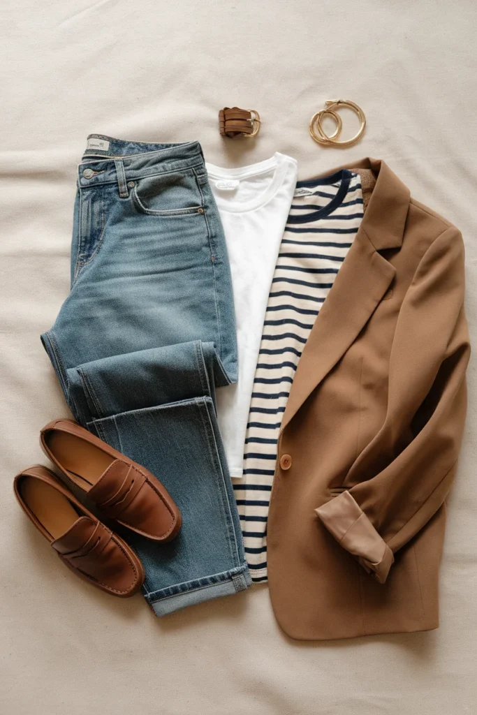 Flat lay of mom jeans with a white tee, camel blazer, striped tee, and loafers