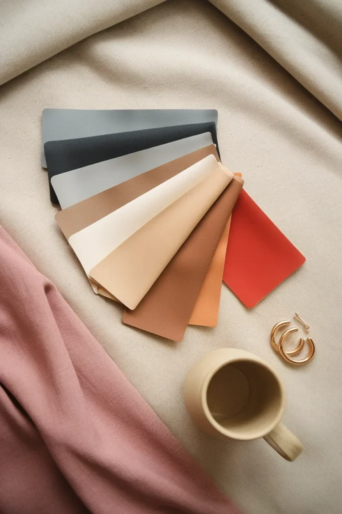 Flat lay of neutral and accent fabric swatches used for seasonal color analysis at home. Color Analysis