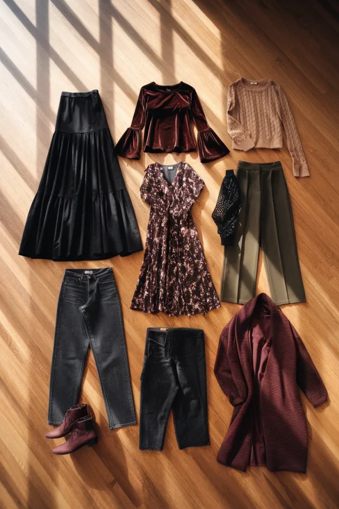 Flat lay of nine whimsigoth capsule wardrobe pieces including velvet top, tiered maxi skirt and oxblood boots