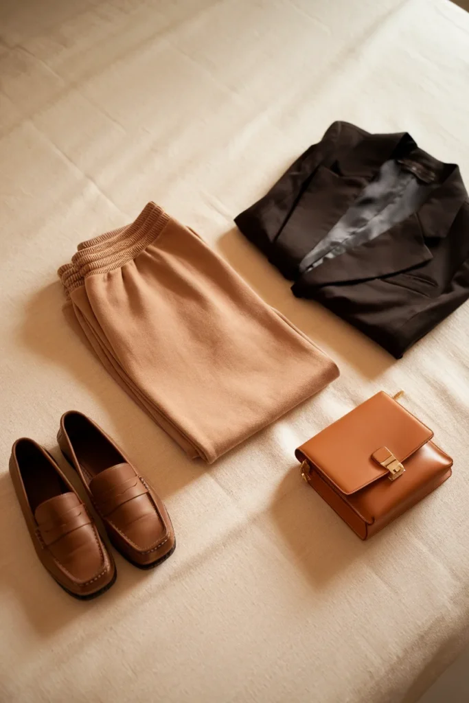 Flat lay of oat joggers with loafers, black blazer and tan crossbody bag as structure anchors
