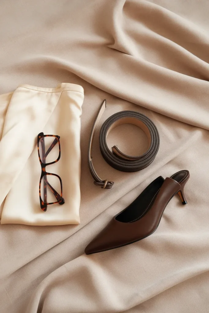 Flat lay of office siren pieces including rectangular glasses, silk blouse, belt, and kitten heel